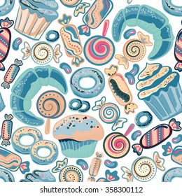 Pastry hand drawn seamless pattern. Doodle collection confections. Colorful background