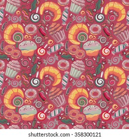 Pastry hand drawn seamless pattern. Doodle background collection confections. Icon set vector