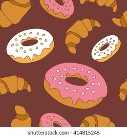 Pastry hand drawn seamless pattern. Doodle collection confections. Colorful background