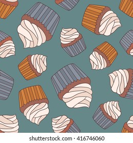 Pastry hand drawn seamless pattern. Doodle background collection confections. Icon set vector