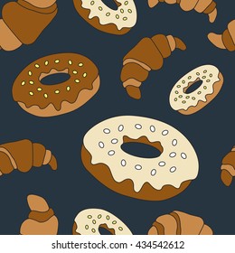 Pastry hand drawn seamless pattern. Doodle collection confections. Colorful background