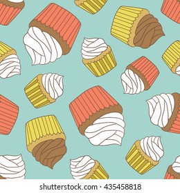 Pastry hand drawn seamless pattern. Doodle background collection confections. Icon set vector