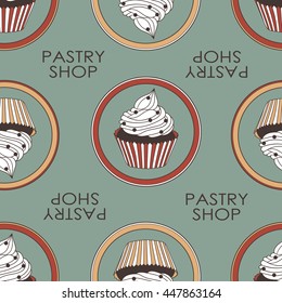 Pastry hand drawn seamless pattern. Doodle background collection confections. Vector illustration with icon set 