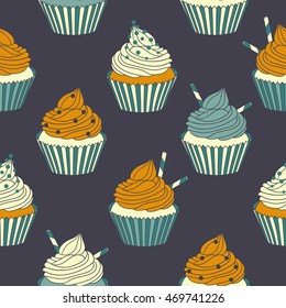 Pastry hand drawn seamless pattern. Doodle background collection confections. Icon set vector