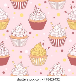 Pastry hand drawn seamless pattern. Doodle background collection confections. Cake icon set on pink backdrop vector