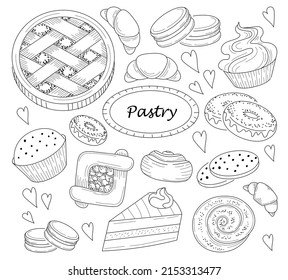 Pastry hand drawn sketch set. Cherry pie, macaroons, cupcake, cookies, muffin, croissant and donuts.