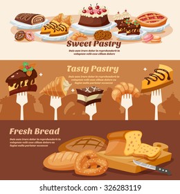 Pastry horizontal banner set with sweets and bread elements isolated vector illustration