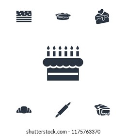 Pastry icon. collection of 7 pastry filled icons such as croissant, pie, cake slice, dough pin, piece of cake. editable pastry icons for web and mobile.