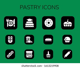 pastry icon set. 12 filled pastry icons. Included Breakfast, Pretzel, Cannoli, Cake, Croissant, Scone, Doughnut, Bread, Cupcake, Muffin, Rolling pin icons