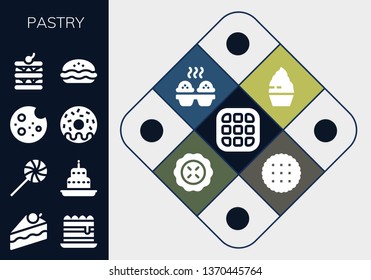 pastry icon set. 13 filled pastry icons.  Simple modern icons about  - Waffle, Cake, Tiramisu, Sweet, Cookie, Donut, Pie, Cupcake, Biscuit