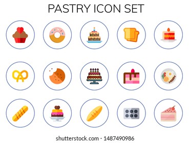 pastry icon set. 15 flat pastry icons.  Collection Of - cupcake, pretzel, doughnut, cookie, cake, bread, cake slice, breakfast, baguette, wedding cake