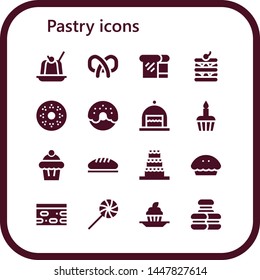 pastry icon set. 16 filled pastry icons.  Simple modern icons about  - Jelly, Pretzel, Bread, Waffle, Doughnut, Donut, Cake, Cupcake, Muffin, Pie, Nougat, Sweet, Macaron