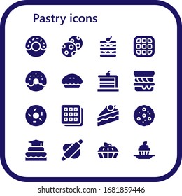 pastry icon set. 16 filled pastry icons. Included Donut, Cookies, Waffle, Pie, Cake, Scone, Doughnut, Cookie, Rolling pin, Cupcake icons