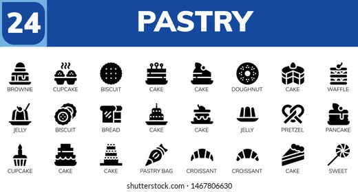 pastry icon set. 24 filled pastry icons.  Collection Of - Brownie, Cupcake, Biscuit, Cake, Doughnut, Waffle, Jelly, Bread, Pretzel, Pancake, Pastry bag, Croissant, Sweet