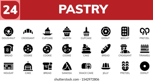 pastry icon set. 24 filled pastry icons.  Collection Of - Doughnut, Croissant, Cupcake, Muffin, Donut, Biscuit, Pretzel, Bread, Cookie, Cake, Tiramisu, Nougat, Samosa, Snack cake icons