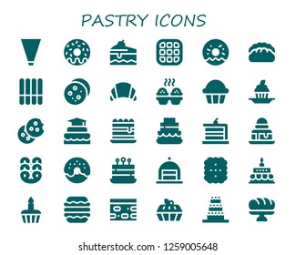  pastry icon set. 30 filled pastry icons. Simple modern icons about  - Piping bag, Donut, Cake, Waffle, Doughnut, Bread, Cookie, Croissant, Cupcake, Tiramisu, Brownie, Pretzel