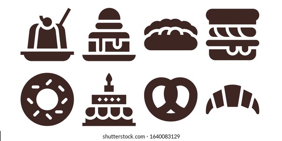 pastry icon set. 8 filled pastry icons.  Simple modern icons such as: Bagel, Jelly, Birthday cake, Brownie, Pretzel, Bread, Croissant, Scone
