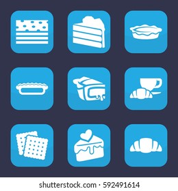pastry icon. Set of 9 filled pastry icons such as cookies, coffee and croissant, croissant, pie, cake slice, cake
