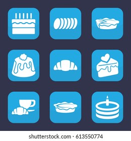 Pastry icon. set of 9 filled pastry icons such as coffee and croissant, croissant, pie, cake slice, cake
