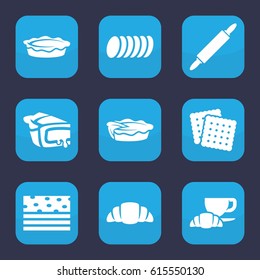 Pastry icon. set of 9 filled pastry icons such as cookies, coffee and croissant, croissant, pie, cookie, dough pin