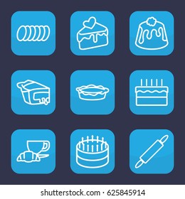 Pastry icon. set of 9 outline pastry icons such as coffee and croissant, pie, cake slice, cake, cookie