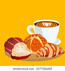 Pastry icon set. bread, rolls, croissants. Croissants and rolls, sweet pastries. Sweet bread vector set. coffee and pastries. coffee cup and cappuccino. Croissants and rolls, Sweet bread vector set