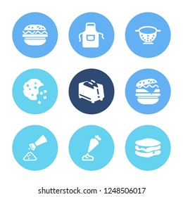 Pastry icon set and colander with burger, cream decorator tool and double burger. Eating related pastry icon vector for web UI logo design.