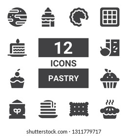 pastry icon set. Collection of 12 filled pastry icons included Pie, Cookie, Pancake, Flour, Cupcake, Breakfast, Bakery shop, Waffle, Cake slice, Jawbreaker, Cake