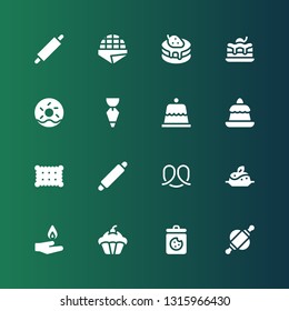 pastry icon set. Collection of 16 filled pastry icons included Rolling pin, Cookies, Cupcake, Pyre, Pudding, Pretzel, Cookie, Dessert, Pastry bag, Doughnut, Brownie, Pancake, Stroopwafel