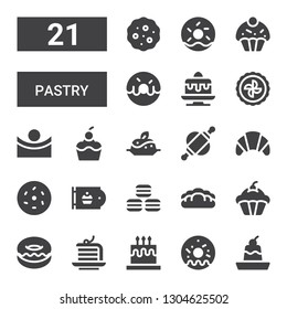 pastry icon set. Collection of 21 filled pastry icons included Pudding, Doughnut, Cake, Donut, Cupcake, Bread, Macarons, Bakery, Croissant, Rolling pin, Concave, Pie, Cookies