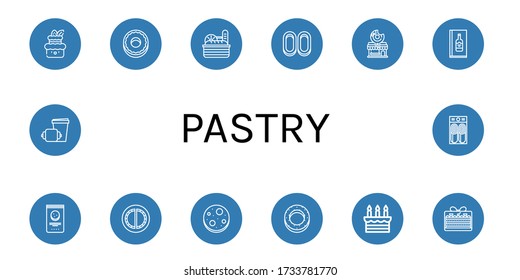 conjunto de iconos de pastelería. Colección de pasteles, donut, pan, crustáceos, donut shop, menú de vino, chip de chocolate, Cheburek, Bagel, croissant, iconos de panqueques