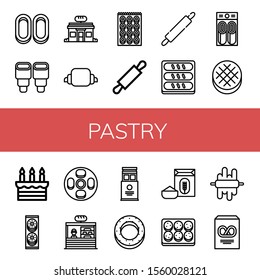 pastry icon set. Collection of Cracknels, Pastry, Bakery, Croissant, Bagel, Rolling pin, Bread, Pancake, Round bread, Cake, Cookies, Cheesecake, Wafer, Flour, Cookie, Dough icons