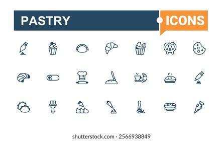 Pastry icon set. It contains symbols to birthday, cook, bake, pie, graphic, ice, cupcake, cookie. Collection for mobile and web apps. Vector outline and solid icons collection.