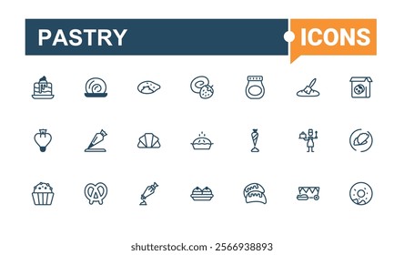 Pastry icon set. It contains symbols to birthday, cook, bake, pie, graphic, ice, cupcake, cookie. Collection for mobile and web apps. Vector outline and solid icons collection.