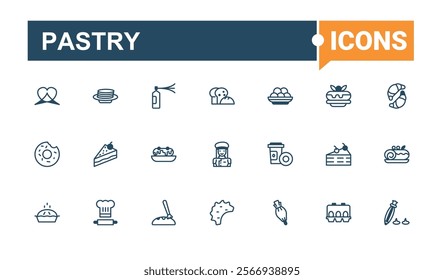 Pastry icon set. It contains symbols to birthday, cook, bake, pie, graphic, ice, cupcake, cookie. Collection for mobile and web apps. Vector outline and solid icons collection.