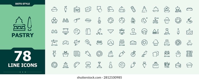 Pastry icon set. Icons for UI design. Bakery icon set. Minimalist Pictograms of sweet, bake, baker, pie, cake, dessert, food and more.