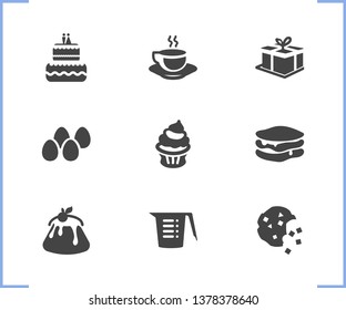 Pastry icon set and pancakes with pudding, cake box and cupcake. Coffee related pastry icon vector for web UI logo design.