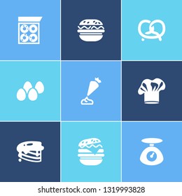 Pastry icon set and pretzel with box of donuts, kitchen scales and double burger. Kitchen costume related pastry icon vector for web UI logo design.