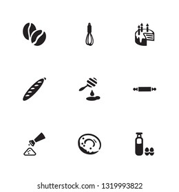 Pastry icon set and rolling pin with honey, milk with eggs and birthday cake. Breakfast related pastry icon vector for web UI logo design.