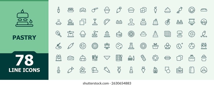 Pastry icon set. Trendy minimal icons. Cake icon collection. Contains such icons as sweet, cookie, bake, cake, bakery and more. Editable stroke. Vector collection. 