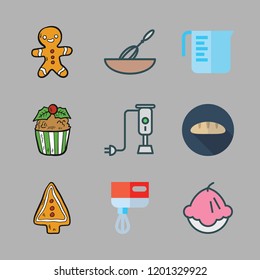 pastry icon set. vector set about mixer, muffin, measuring cup and gingerbread man icons set.