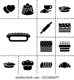 Pastry icons. set of 13 editable filled pastry icons such as coffee and croissant, croissant, pie, piece of cake, cookie, dough pin, cookies