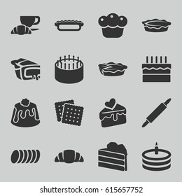 Pastry icons set. set of 16 pastry filled icons such as cookies, cake, coffee and croissant, croissant, pie, cake slice, cookie