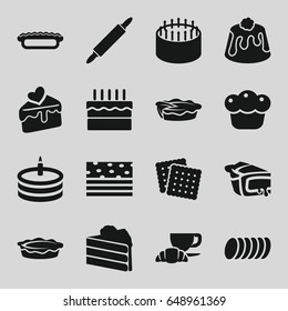 Pastry icons set. set of 16 pastry filled icons such as cookies, cake, coffee and croissant, pie, cake slice, cookie, dough pin