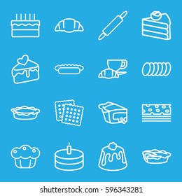 pastry icons set. Set of 16 pastry outline icons such as cookies, coffee and croissant, croissant, pie, cake slice, cake, cookie, dough pin