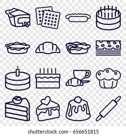 Pastry icons set. set of 16 pastry outline icons such as cookies, coffee and croissant, croissant, pie, cake slice, cake, dough pin