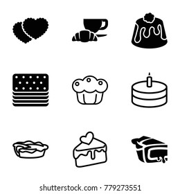 Pastry icons. set of 9 editable filled and outline pastry icons such as coffee and croissant, pie, cake slice, cake, cookies