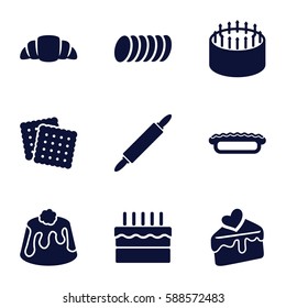 pastry icons set. Set of 9 pastry filled icons such as cookies, cake, croissant, pie, cake slice, cookie