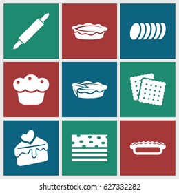 Pastry icons set. set of 9 pastry filled icons such as cookies, pie, cake slice, cookie, dough pin