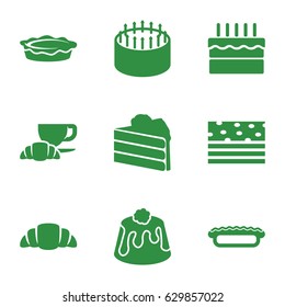 Pastry icons set. set of 9 pastry filled icons such as cake, coffee and croissant, croissant, pie
